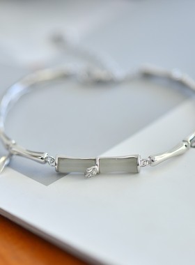 s925银镶和田玉竹节手镯竹节手链爆款有你知足时尚时尚百搭手饰