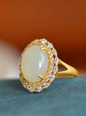 925银镶和田玉蛋面配锆石戒指