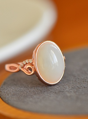 s925银镶和田玉蛋面素银戒指