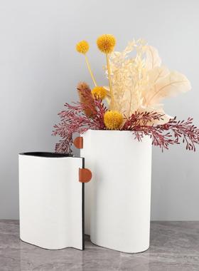 现代简约创意白色皮革金属花器卧室办公室书房客厅玄关家居装饰品