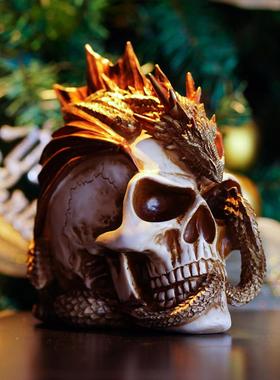 新款霸气蟠龙骷髅头骨摆件哥特风展示架桌面装饰摆设布置道具