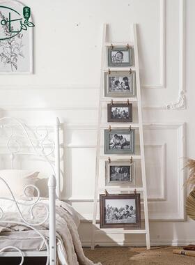 复古做旧梯子相框客厅电视柜旁实木摆件ins风梯形靠墙古典装饰画