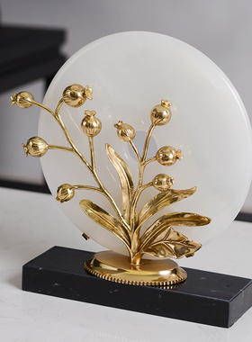 样板间酒店会所装饰品创意工艺品禅意平安扣金属件玉石花苞桌摆件