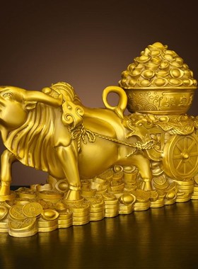 纯黄铜牛拉聚宝盆摆件金牛送财牛拉车生肖牛客厅办公室装饰工艺品