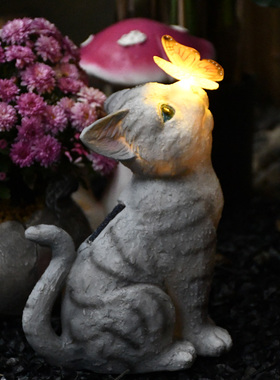 阳台花园装饰庭院布置可爱猫咪摆件太阳能灯户外创意树脂动物雕塑