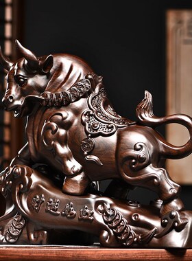 黑檀实木雕刻牛摆件木头根雕生肖牛财运如虹商务送礼家居装饰摆设