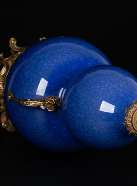 贵夫人铜镶瓷结晶蓝釉冰裂纹配铜茛笤花朵葫芦瓶景德镇陶瓷器摆件