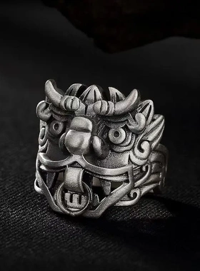 泰银开口椒图门神铺首指环男女 饕餮神兽戒指霸气首饰