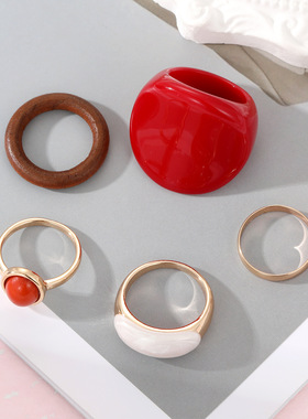 欧意树脂酒红色大号扳指戒指套装