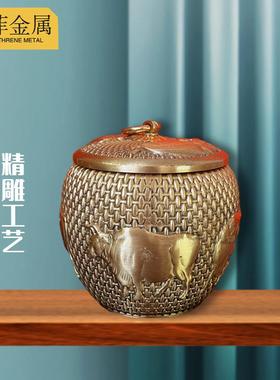 黄铜罐五牛图茶叶罐带盖摆件茶桌茶叶容器办公铜工艺礼品工厂