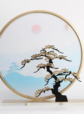 轻奢新中式铁艺假山样板间书房玄关柜摆件酒店办公桌高端软装饰品