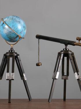 美式复古铁艺落地地球仪望远镜摆件轻奢客厅办公室家居装饰品道具