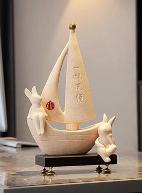 一帆风顺帆船摆件轻奢高档办公室大气酒柜电视柜客厅装饰品工艺品