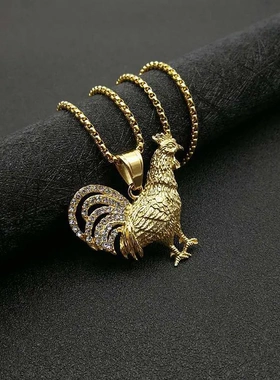 欧美爆款嘻哈hiphop饰品 钛钢镀金镶钻动物鸡生肖吊坠项链