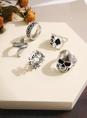 叨扑克牌戒指创意个性复古古银黑桃纸牌关节戒指5件套