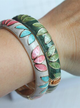 极速中国风北京旅游成人清新小叶子景泰蓝手镯彩釉镀金手镯送女孩