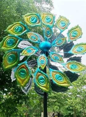 外贸欧美风能转动新款户外花园草坪插件彩绘孔雀花园铁艺金属风车