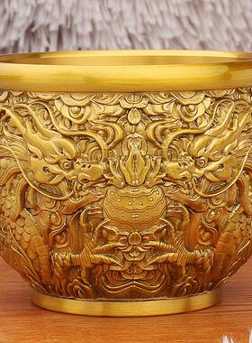 黄铜双龙缸龙纹双凤招米进宝客厅玄关聚宝盆金属工艺品铜摆件