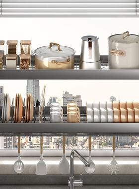 厨房墙上碗碟收纳洗碗槽置物架水槽上方碗架壁挂锅架不锈钢沥水架