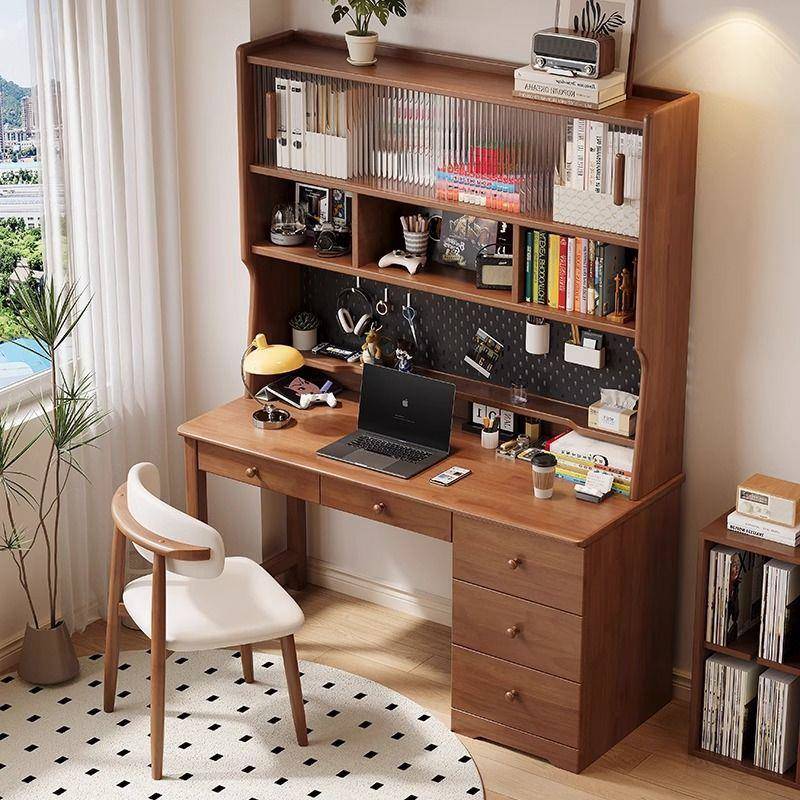 北欧实木书桌书架一体学生家用多功能洞洞板学习桌书柜组合电脑桌 - 图2