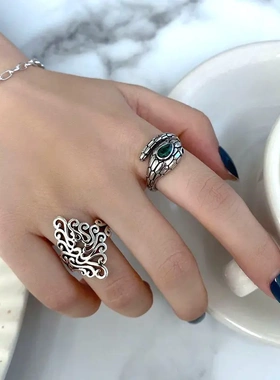 韩版S925银时尚笑脸链条戒指女复古嘻哈绳结羽毛镂空开口食指环潮