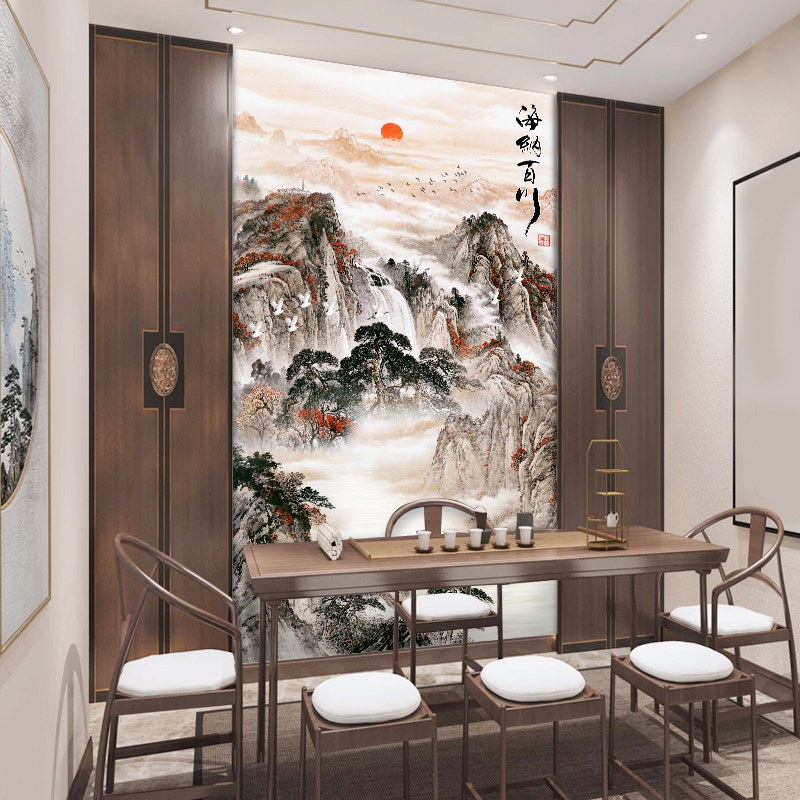 中式入户玄关背景墙壁纸鸿运当头走廊过道墙布山水会议室茶厅墙纸,淘宝优惠券,粉丝福利购,淘宝优惠卷