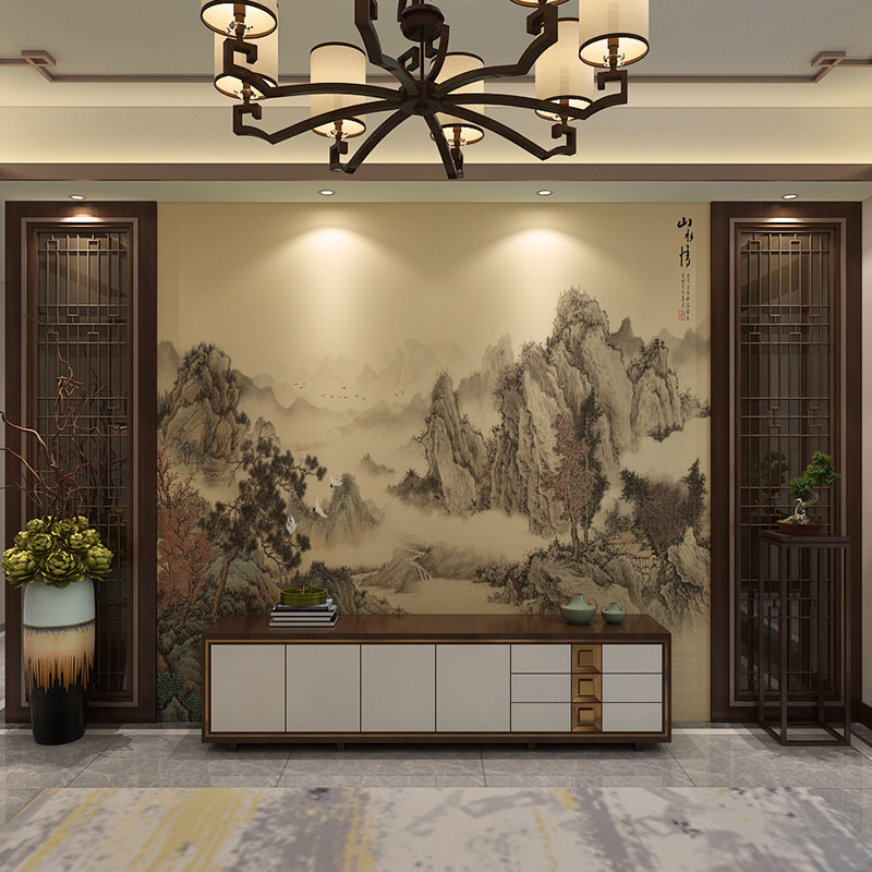 中式手绘客厅墙纸墙布水墨影视山水背景墙古典壁画沙发电视明清,淘宝优惠券,粉丝福利购,淘宝优惠卷