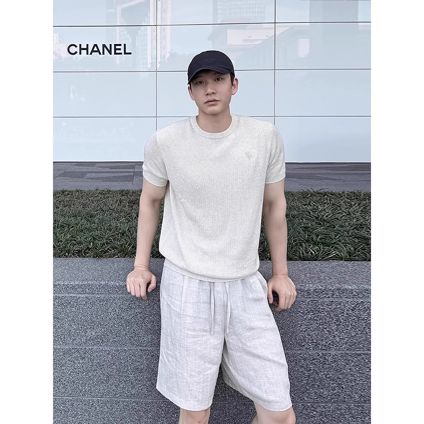 轻奢老钱风针织短袖t恤垂感亚麻西裤男生酷帅穿搭套装痞帅高级感,淘宝优惠券,粉丝福利购,淘宝优惠卷
