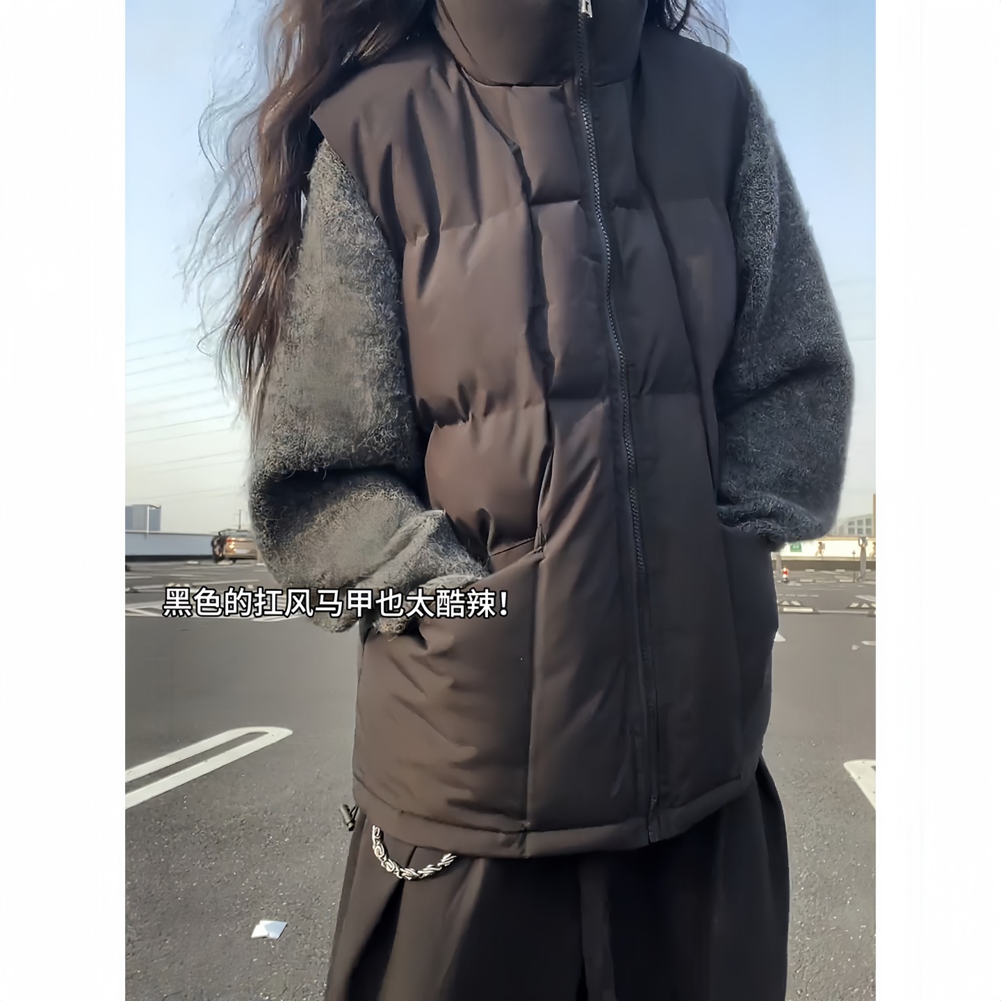 黑色无袖工装羽绒马甲男冬季机能多口袋坎肩外穿加厚立领棉服外套 - 图0