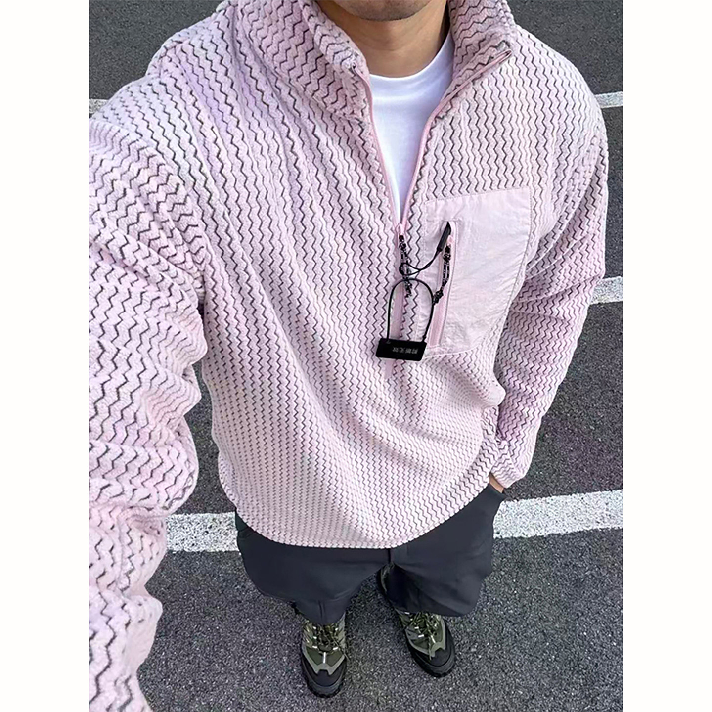 户外运动波浪纹半拉链立领卫衣秋冬男士新款时尚保暖抓绒衣打底衫,淘宝优惠券,粉丝福利购,淘宝优惠卷