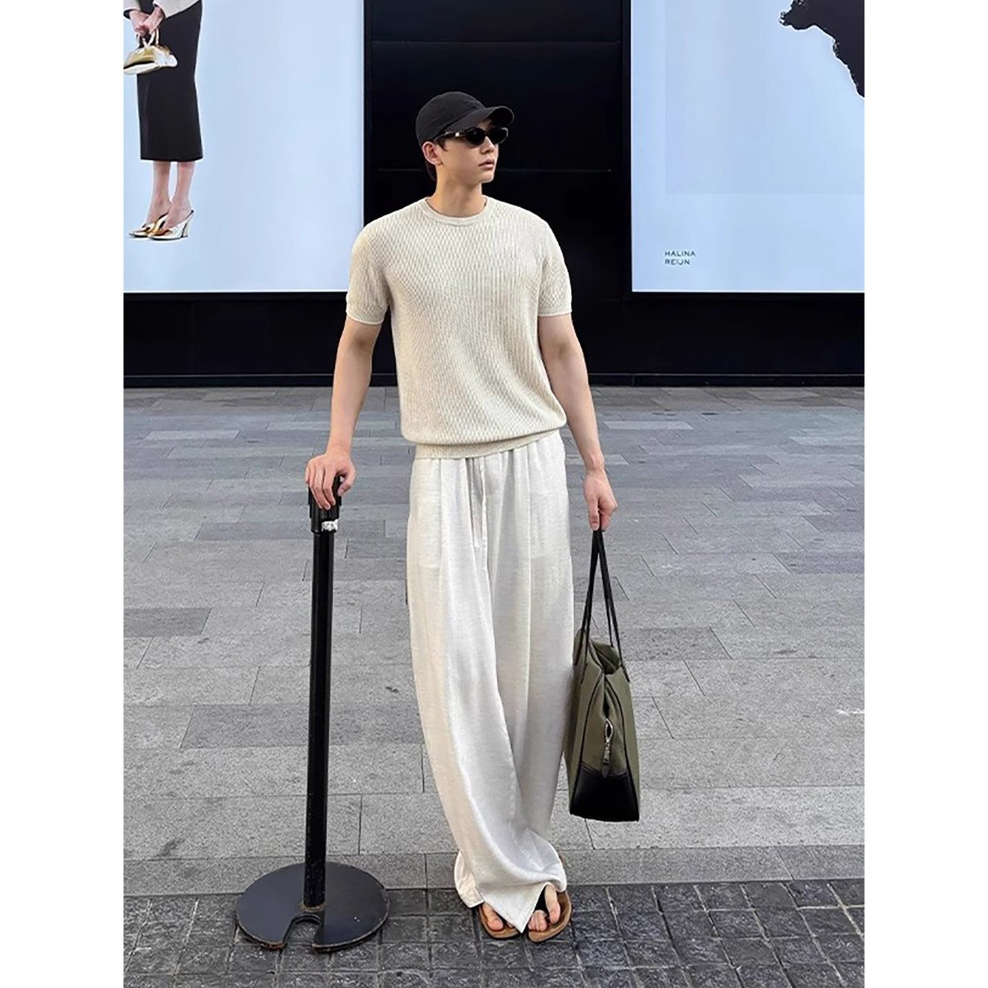 轻奢老钱风针织短袖t恤垂感亚麻西裤男生酷帅穿搭套装痞帅高级感,淘宝优惠券,粉丝福利购,淘宝优惠卷