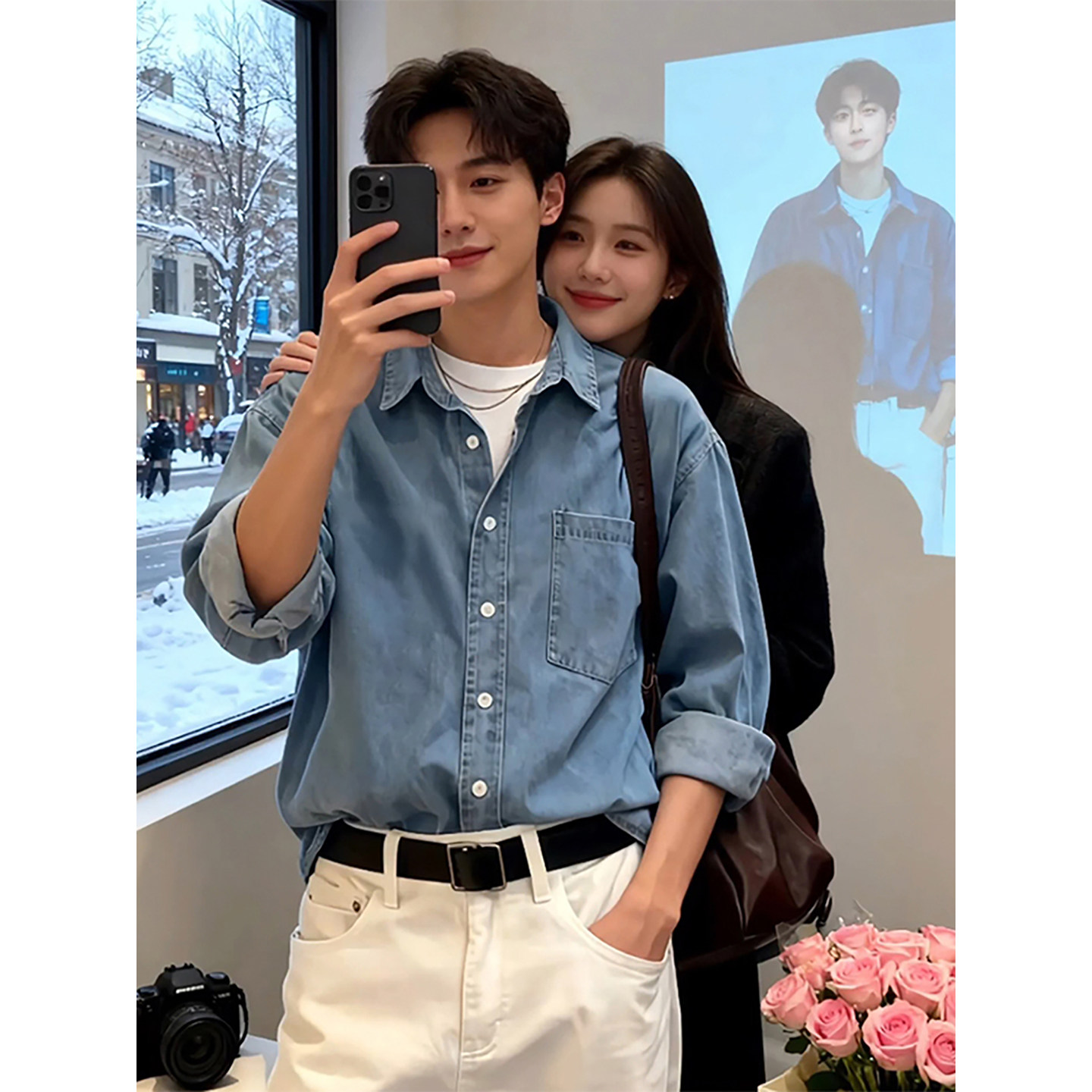 丹宁蓝色长袖牛仔衬衫男款秋冬季高级感痞帅衬衣美式翻领工装外套,淘宝优惠券,粉丝福利购,淘宝优惠卷