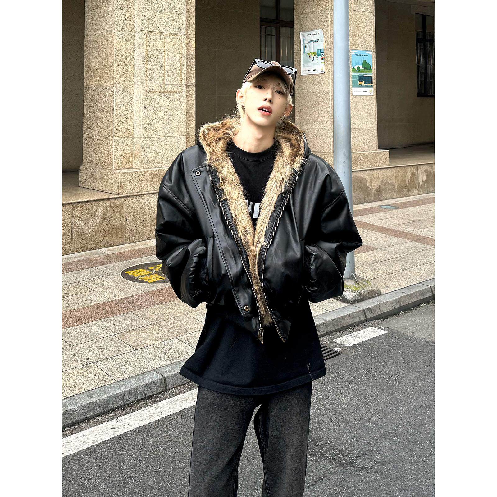 皮毛一体双面穿皮衣男冬季连帽座山雕皮草棉衣美式短款廓形派克服,淘宝优惠券,粉丝福利购,淘宝优惠卷