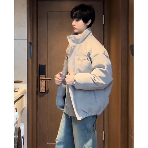 美式雾面pu皮羽绒棉服男款冬季短款廓形面包服高级感痞帅棉衣外套 - 图1