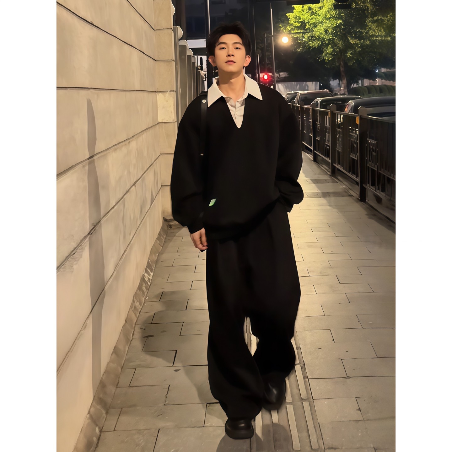 假两件衬衫领卫衣阔腿弯刀卫裤男生韩系一整套ootd穿搭慵懒松弛感 - 图1