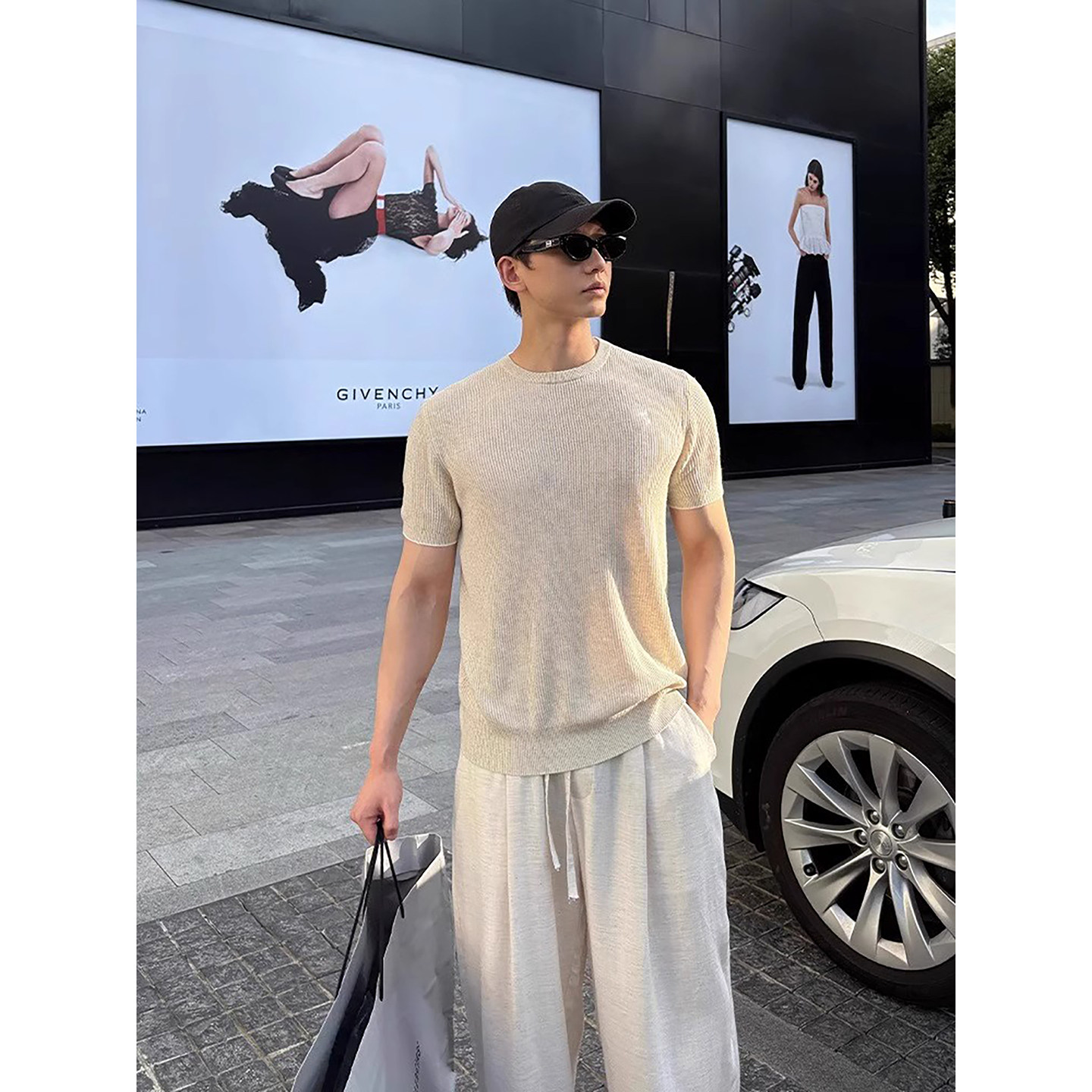 轻奢老钱风针织短袖t恤垂感亚麻西裤男生酷帅穿搭套装痞帅高级感,淘宝优惠券,粉丝福利购,淘宝优惠卷