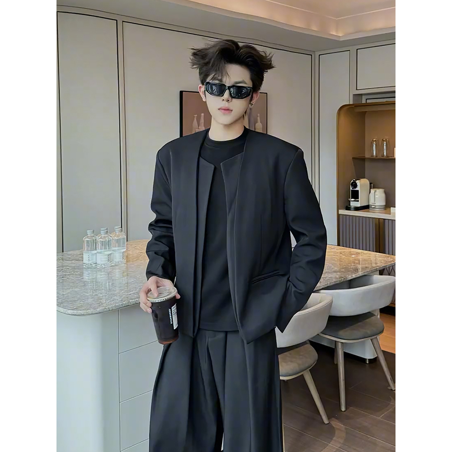 人夫感短款西装外套秋季高级感轻熟风男模穿搭一整套美式解构夹克 - 图2