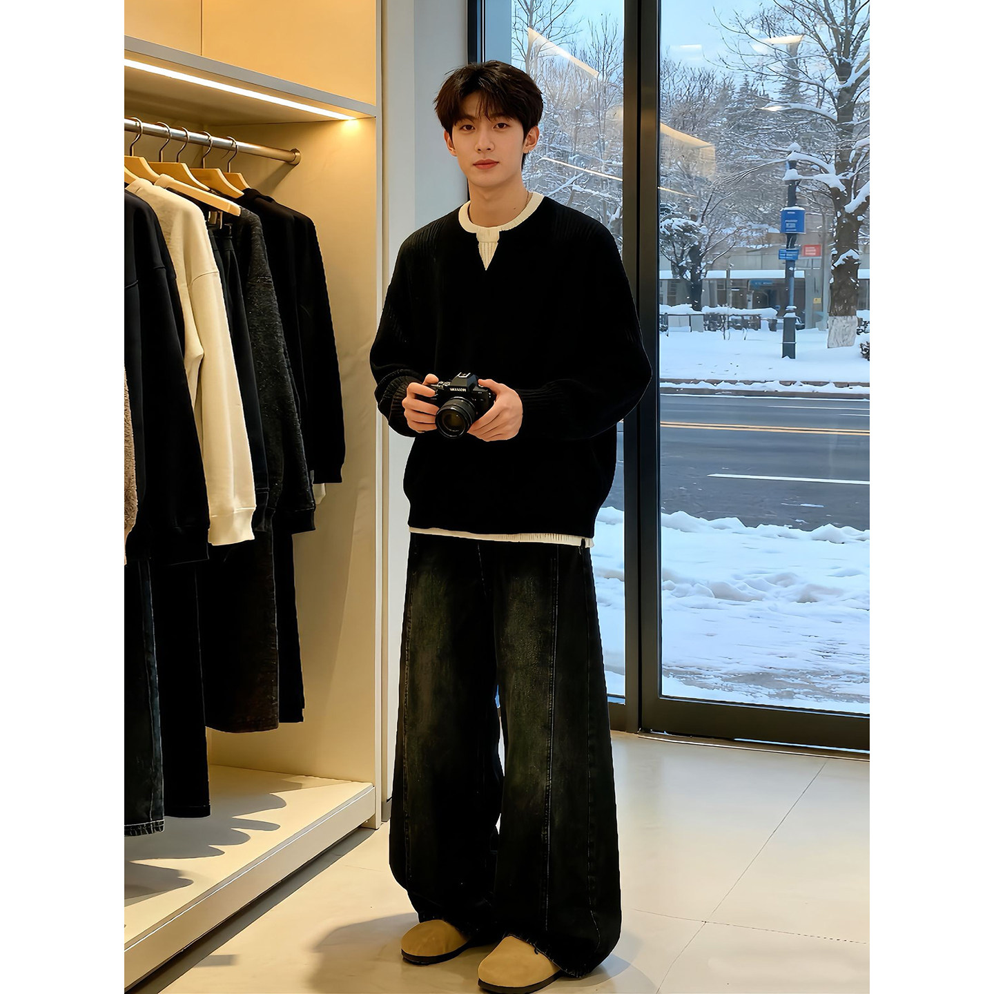 韩系高级假两件v领针织毛衣男生酷帅穿搭套装秋冬斜切弯刀牛仔裤,淘宝优惠券,粉丝福利购,淘宝优惠卷