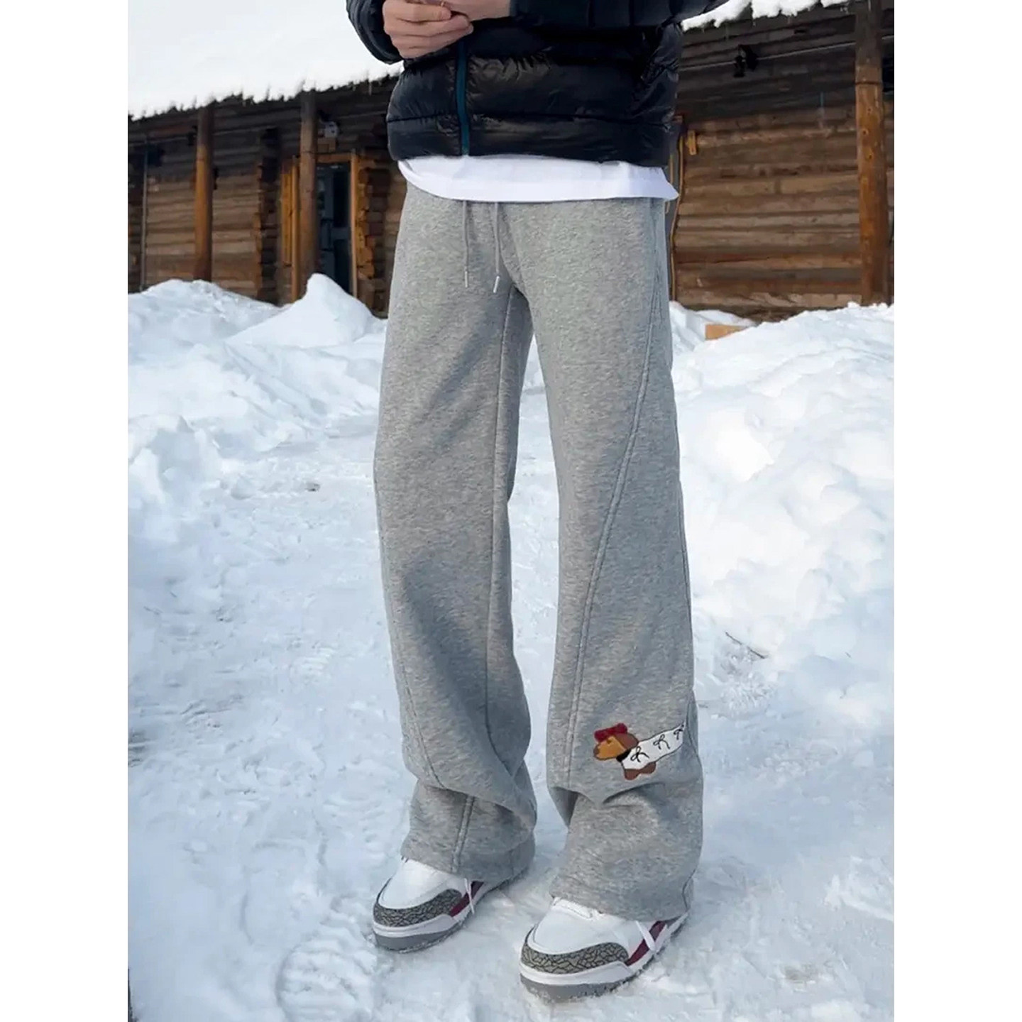 美式小狗刺绣弯刀卫裤男款秋冬情侣百搭加绒厚裤子斜切微喇休闲裤,淘宝优惠券,粉丝福利购,淘宝优惠卷