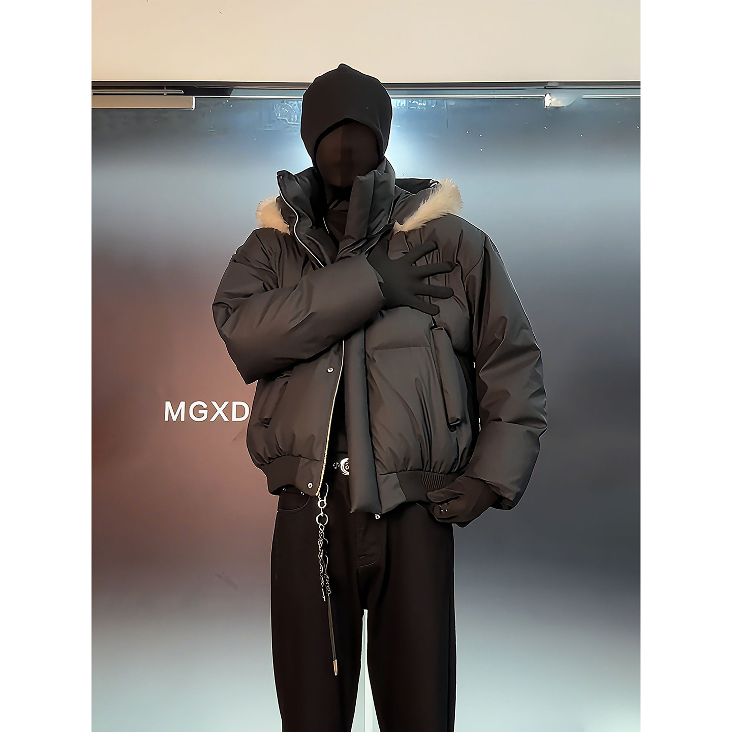 黑色可拆卸连帽pu皮羽绒棉服男生搭配一整套冬装高腰深档牛仔裤子,淘宝优惠券,粉丝福利购,淘宝优惠卷