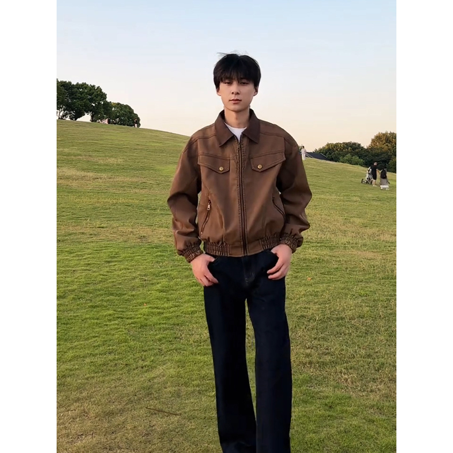 美拉德短款皮衣外套男秋季酷帅穿搭一整套廓形工装夹克丹宁牛仔裤,淘宝优惠券,粉丝福利购,淘宝优惠卷