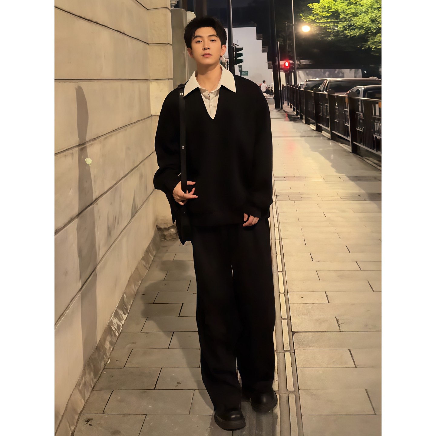 假两件衬衫领卫衣阔腿弯刀卫裤男生韩系一整套ootd穿搭慵懒松弛感 - 图3