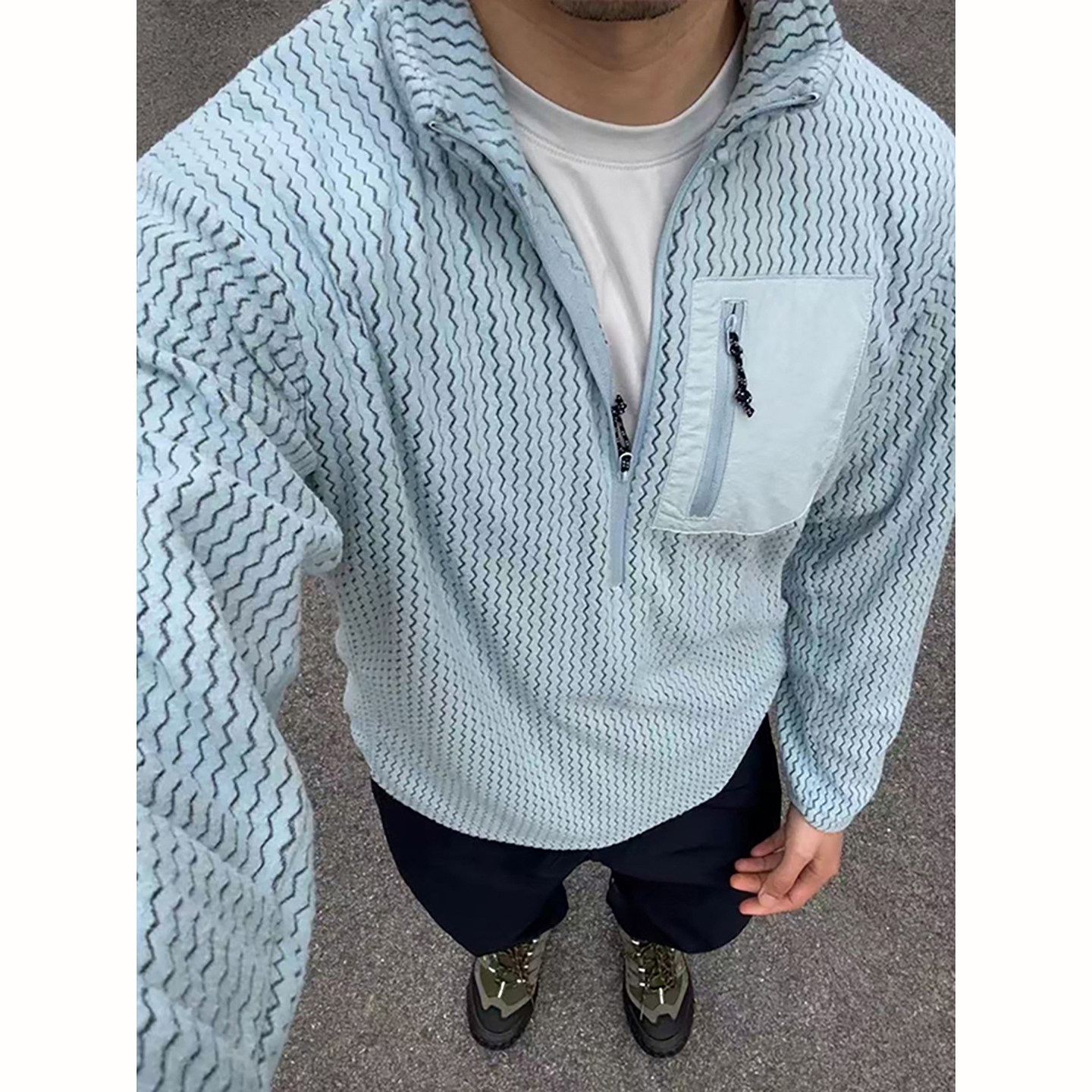 户外运动波浪纹半拉链立领卫衣秋冬男士新款时尚保暖抓绒衣打底衫,淘宝优惠券,粉丝福利购,淘宝优惠卷