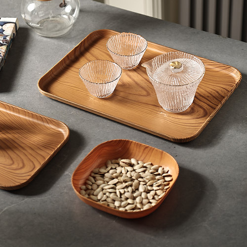 仿木纹塑料托盘长方形茶盘餐盘家用水杯收纳盘咖啡厅蛋糕木质盘子 - 图2