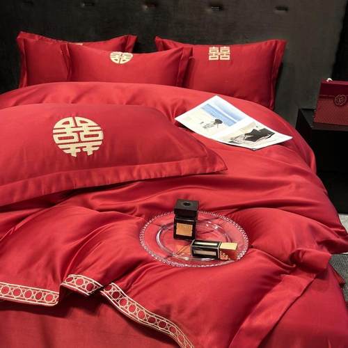 大红色水洗棉磨毛结婚床上四件套新婚庆床品床单婚礼嫁喜被套床笠 - 图3