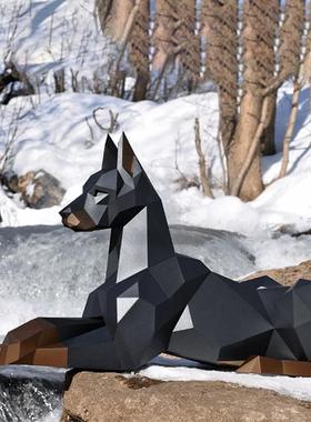 100厘米长 卧立杜宾犬现代创意纸模立体家居装饰落地大型动物摆件