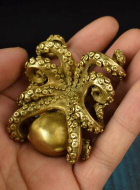 纯铜实心八方来财大章鱼随身手把件解压按摩把玩件桌面镇纸笔架