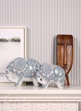 契阔家居  时来运转青花瓷吉祥大象新中式创意客厅摆件工艺品