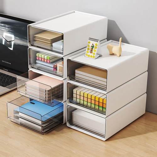 桌面抽屉式收纳柜多层叠加储物盒办公A4文件置物架学生文具整理箱 - 图3