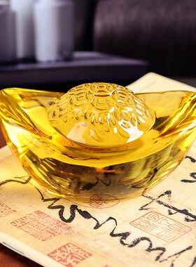 速发黄水晶铜钱元宝摆件供奉财神客厅书房家居装饰品开业礼品